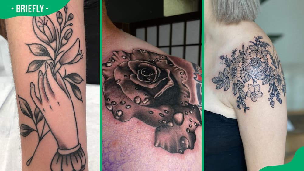Hand-flower, (L) flower with water drops (C) and shoulder flower tattoos (R)