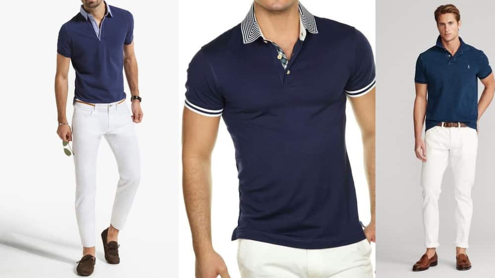 Navy blue polo shirt with striped collar and sleeves and white pants