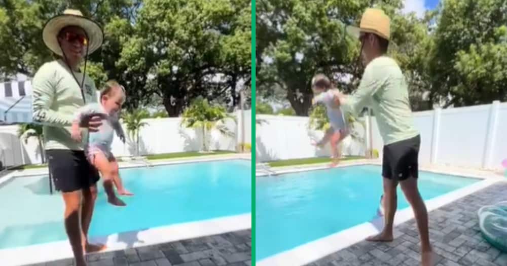 Twitter video that's making waves across social media, a toddler is tossed into a pool without floaties
