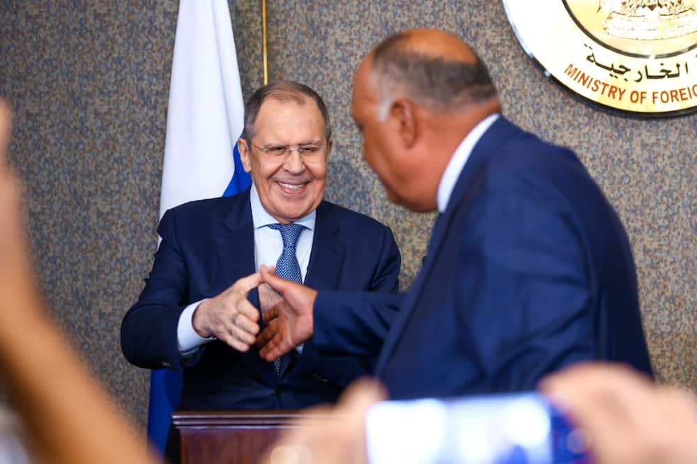 Russian Foreign Minister Sergei Lavrov is greeted by Egyptian counterpart Sameh Shoukry on the first leg of an African tour focused on reassuring customers of Russian grain that their needs will be met