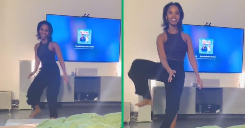 Young woman showcases her sleek dance moves.