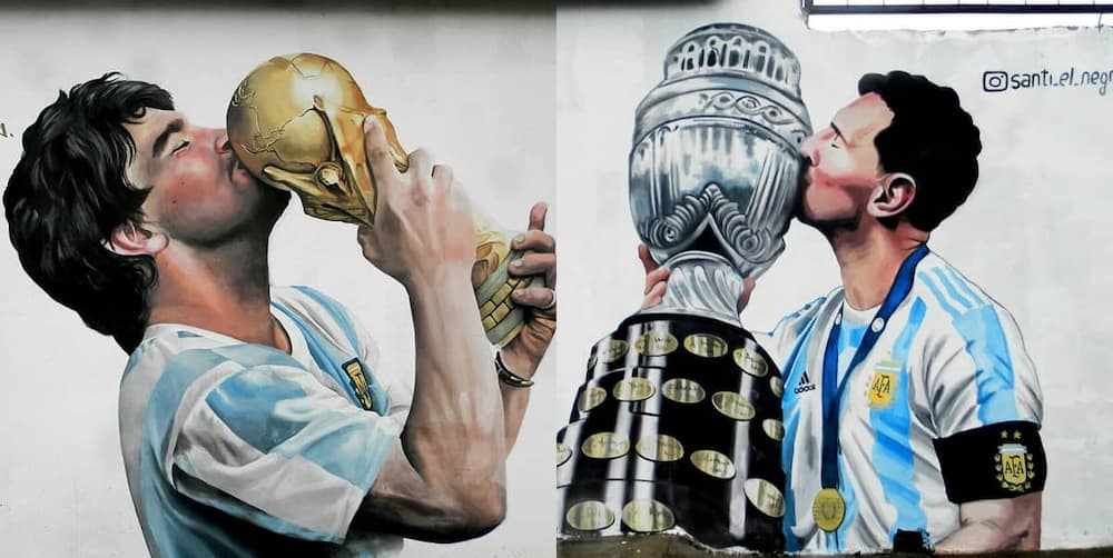 Maradona, Messi, immortalised, mural, lights, Argentina