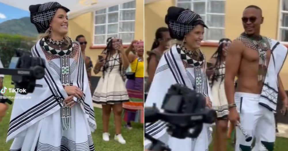 White woman wear Xhosa wedding dress