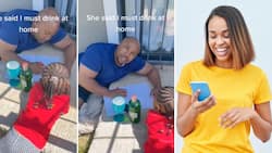 Wife locks the gate so hubby can't go drinking with friends, he enjoys a bev while chilling with his daughter