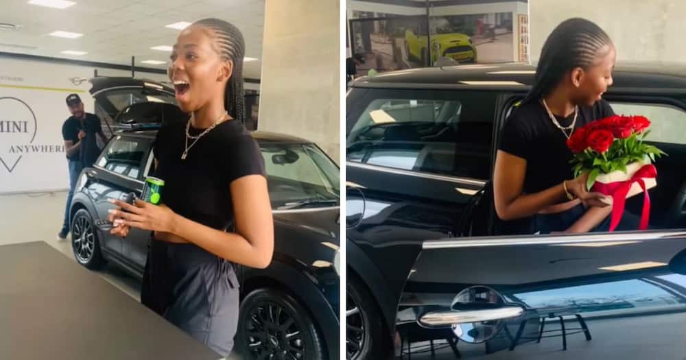 Mahle Khumalo reacts to receiving the keys to her new car