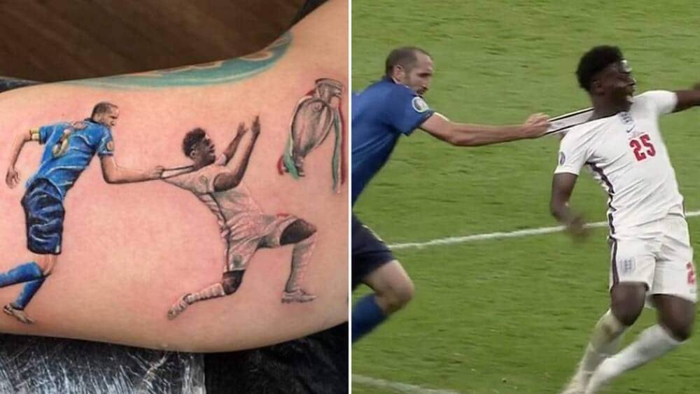Italy Fan Gets Tattoo Of Giorgio Chiellini Pulling Bukayo Saka Away From Euro 2020 Trophy