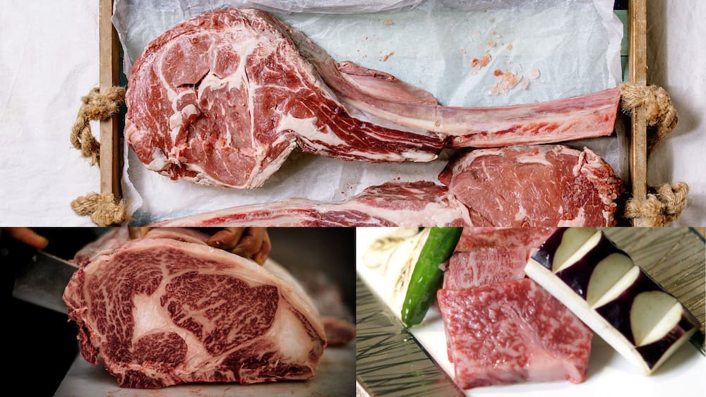 Black Angus Tomahawk (top), Kobe beef (bottom left), and A5 Wagyu Beef (bottom right)