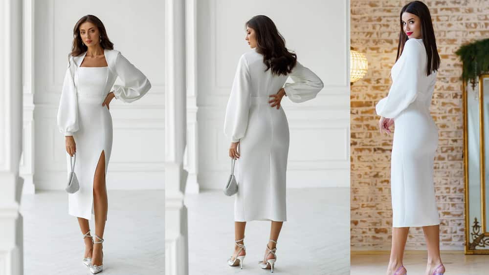 Puff-sleeved midi with square neckline and thigh slit