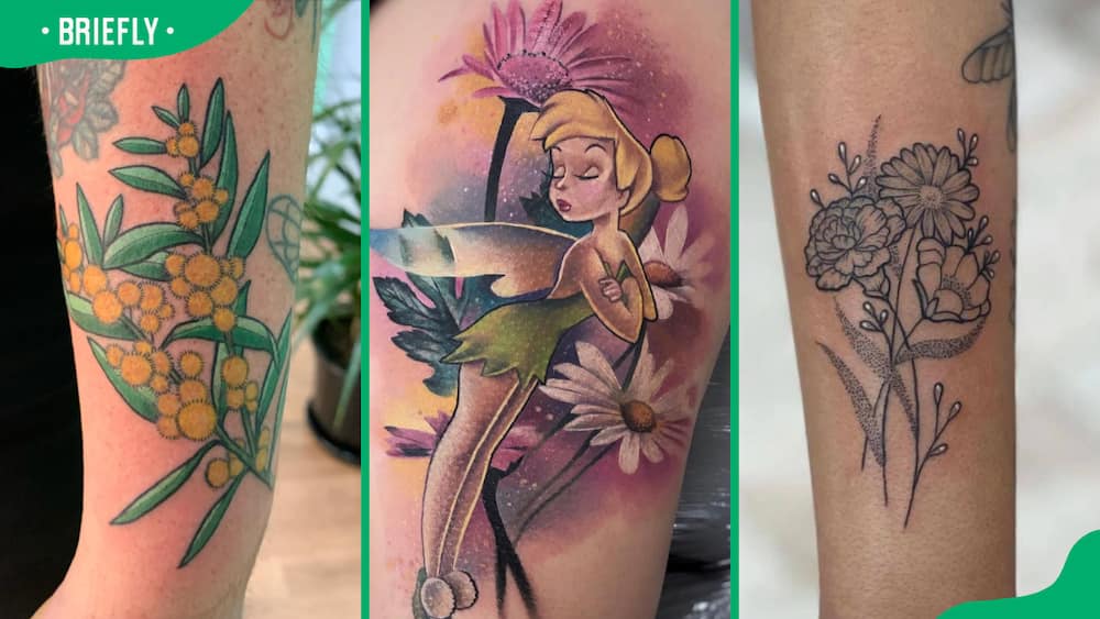 Acacia (L), Tinkerbell (C) and bittersweet flower tattoos (R)