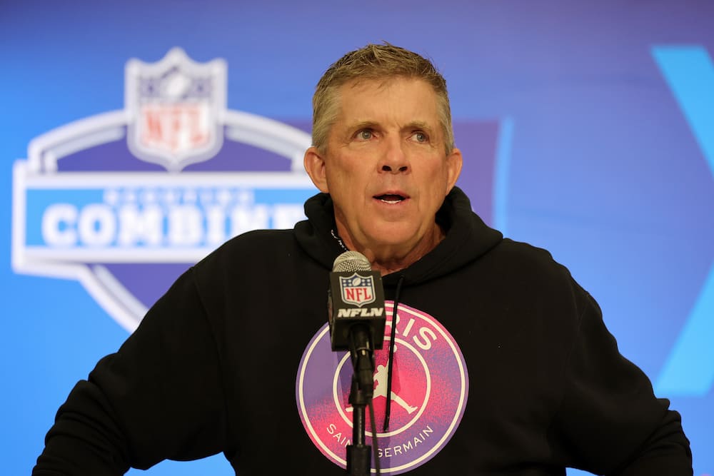 Sean Payton of the Denver Broncos speaks to the media during the NFL Combine