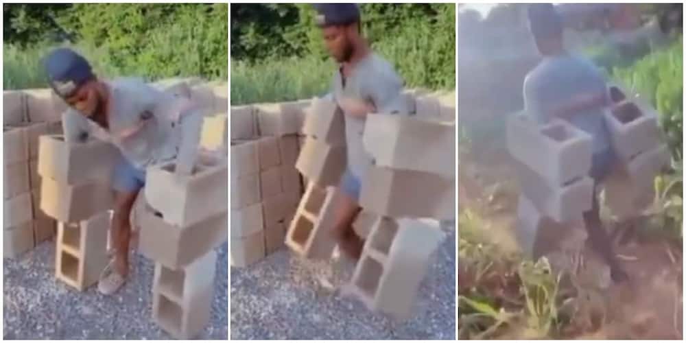 Reactions as man carries 6 bricks at once in incredible video