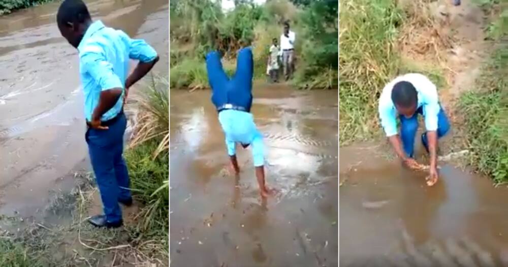 Viral Video of Schoolboy Crossing Riverbank by Hand Leaves Mzansi in Awe