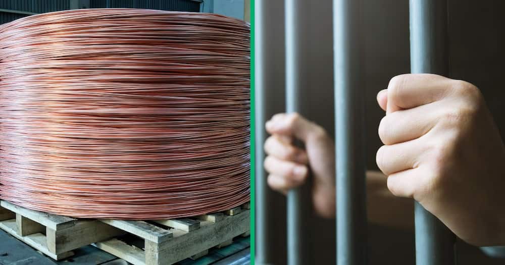 Collage image of copper cables and a man in prison