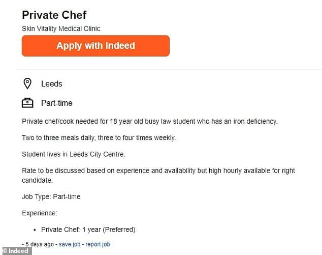 Parents advertise chef, nanny vacancies for their 18-year-old daughter studying law