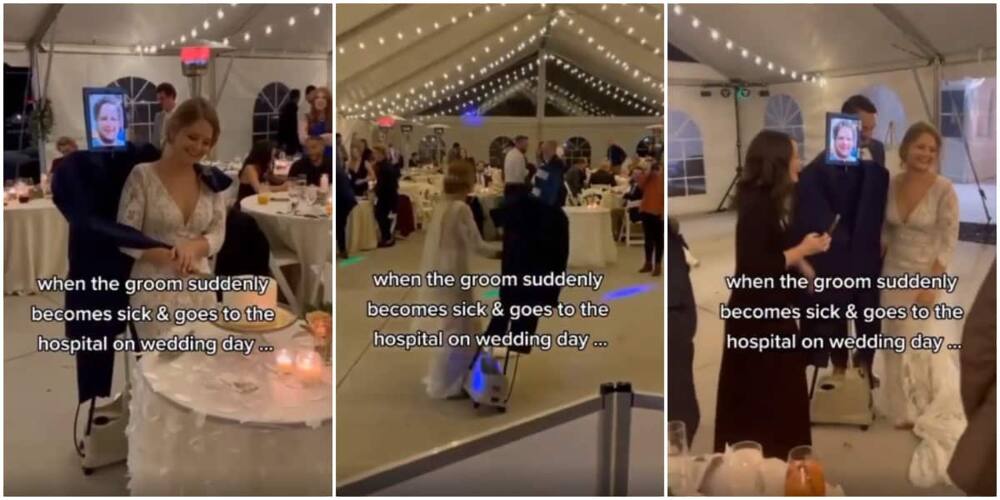 Bride dances and cuts cake with photo of groom after he called in sick on their wedding day, video causes stir