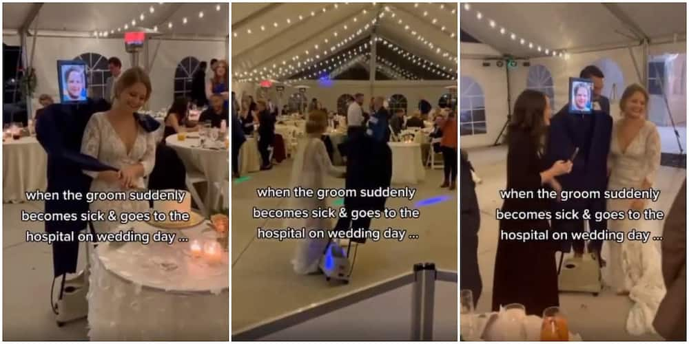 Bride dances and cuts cake with photo of groom after he called in sick on their wedding day, video causes stir