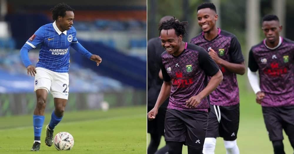 Mzansi fans are not happy to see striker Percy Tau being benched by Brighton & Hove Albion. Image: Twitter