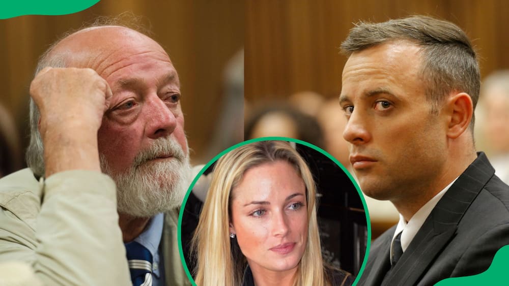 Collage of Reeva's father, Barry, and Oscar Pistorius during a trial session