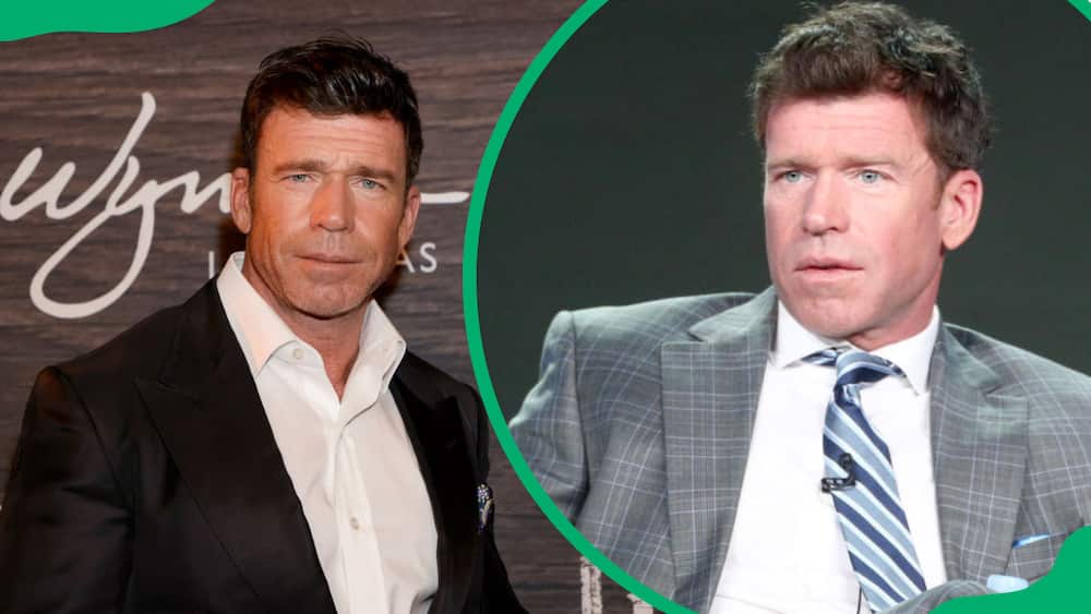 Taylor Sheridan in a black coat and white shirt (L). Taylor in a white shirt, chequered coat and striped necktie (R).