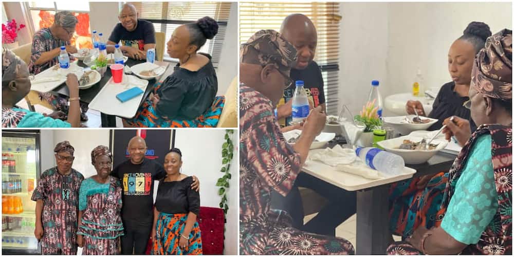 Cute photos emerge as married Nigerian man takes his old parents for lunch date, gets many talking