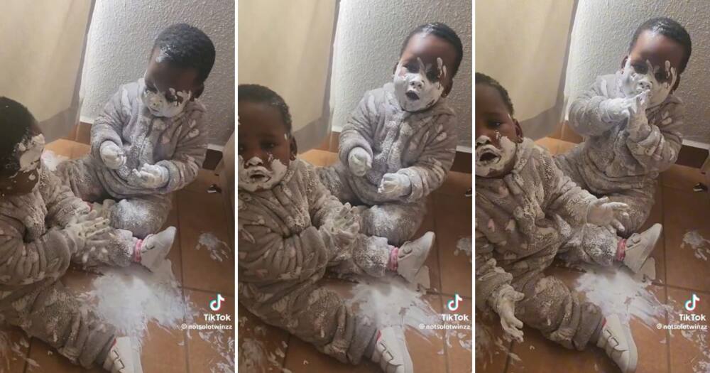 Twin toddlers were caught red-handed playing with paint
