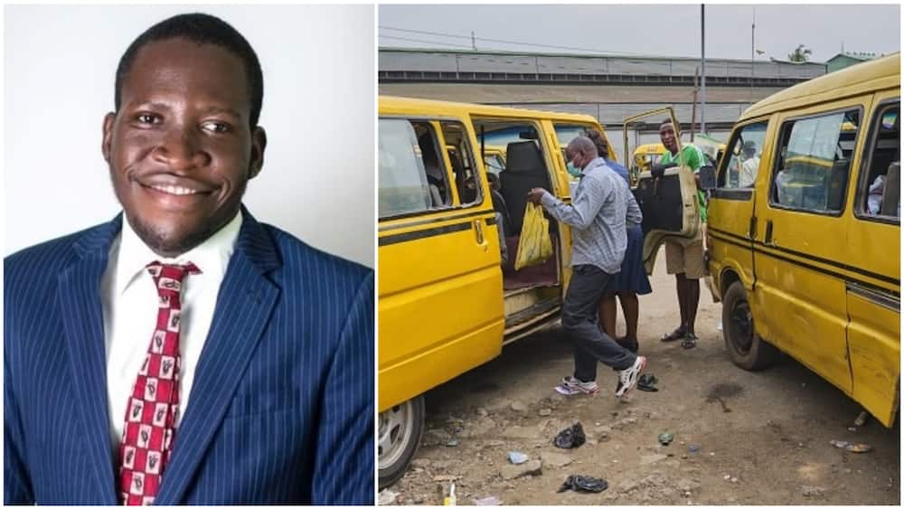 A collage showing the man and an illustrative picture of yellow buses in Lagos state. 
Photos sources: Twitter/@neldom2010/Getty Images