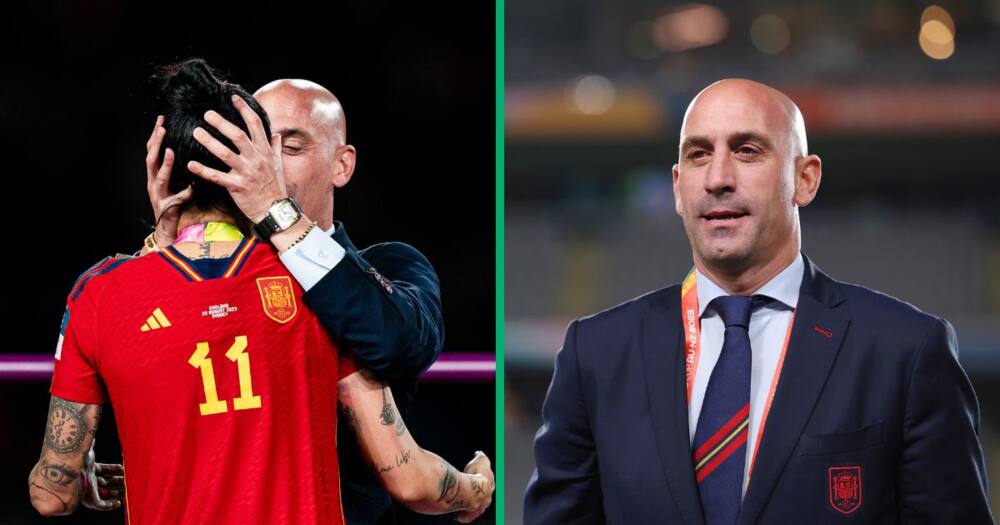 President of the Royal Spanish Football Federation Luis Rubiales (R) kisses Jennifer Hermoso of Spain (L) during the medal ceremony of FIFA Women's World Cup