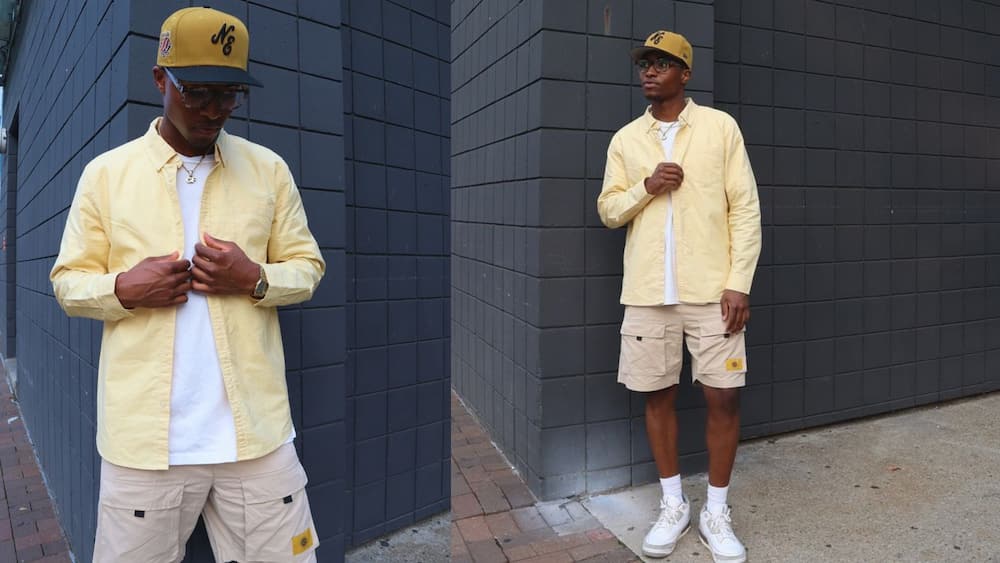 Long-sleeved button-down yellow shirt with beige cargo pants