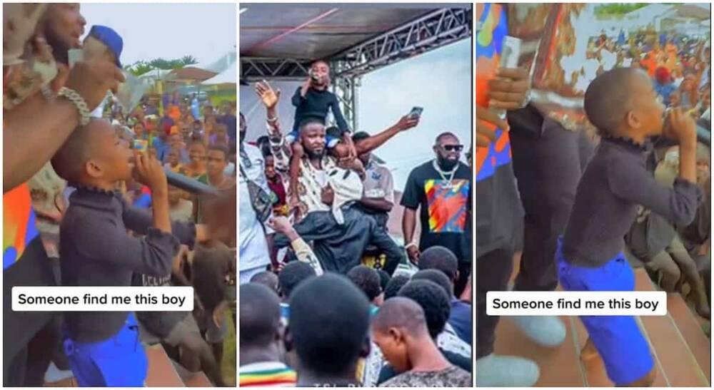 Photos of a Nigerian boy performing music on stage.