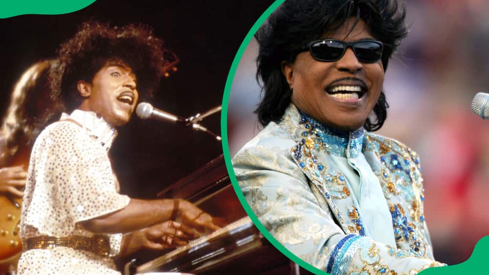 The late rock and roll legend Little Richard in New York in 1985 (left) and at the Liberty Bowl in Memphis in 2004 (right).