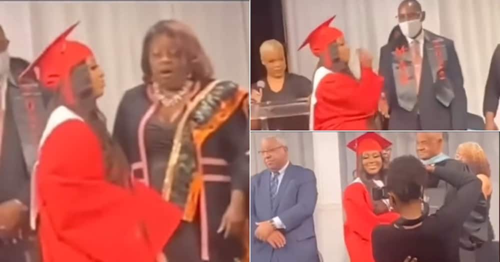 Lady refuses to shaek her teachers, on stage, senior year hell, viral video