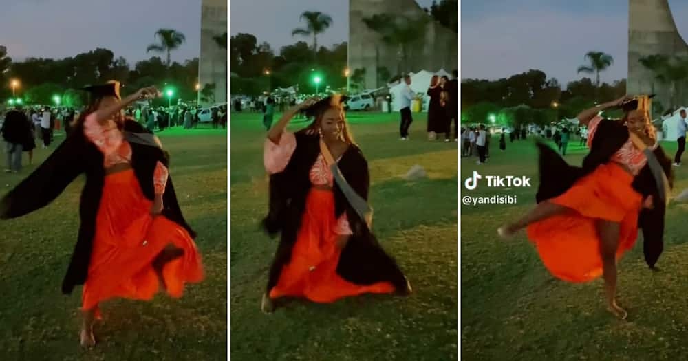 A University of Pretoria graduate celebrates qualification with a barefooted dance