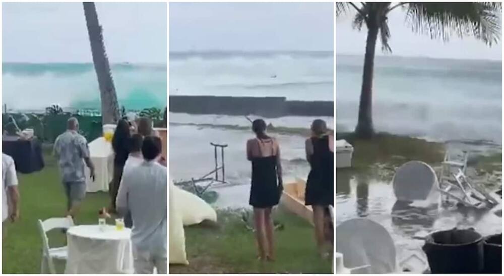 Photos show wedding guests standing close to a water body as it spills over.