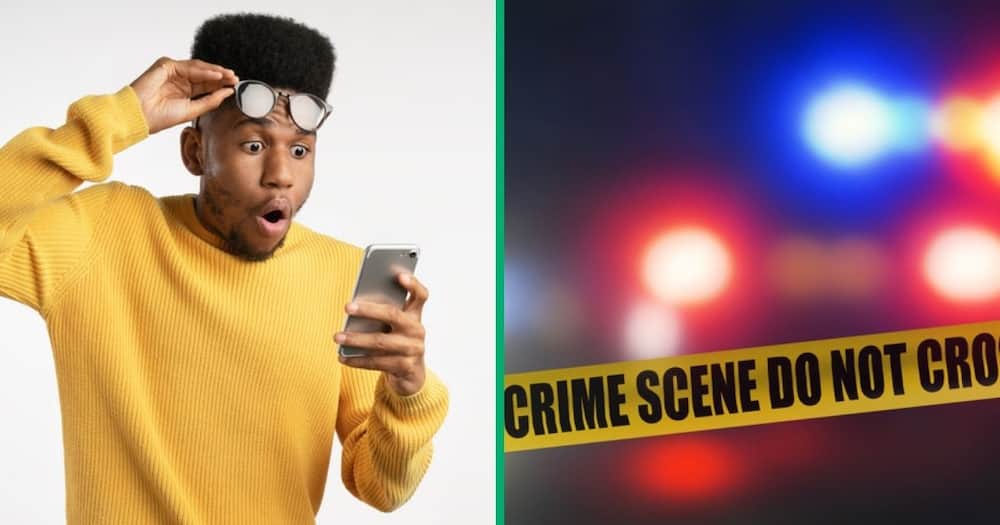 Stock photo of shocked man and image of police banner