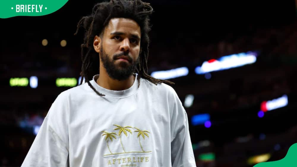 J. Cole during the 2023 NBA Finals between the Denver Nuggets and the Miami Heat at Kaseya Center in Miami, Florida