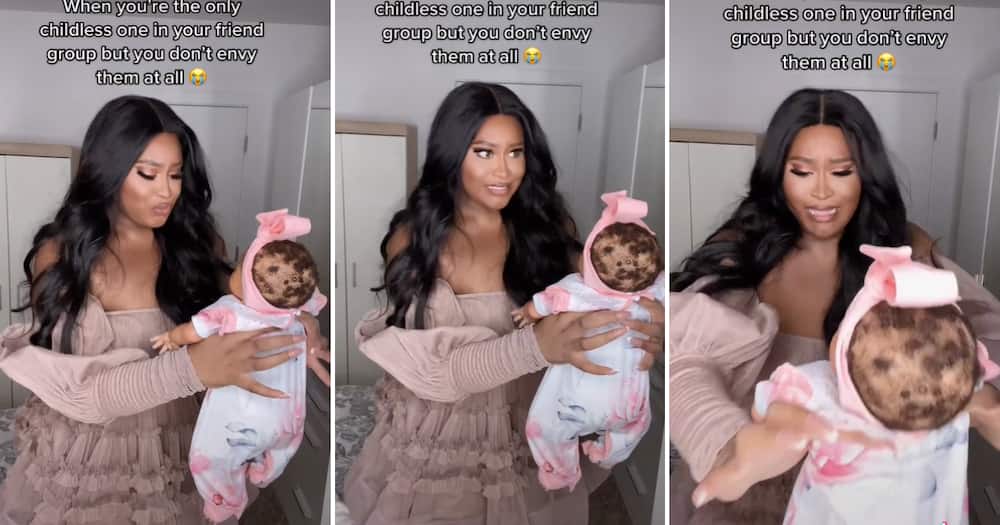 A lady holding a baby doll weirdly to prove that she is not ready to be a mother is going viral on TIkTok