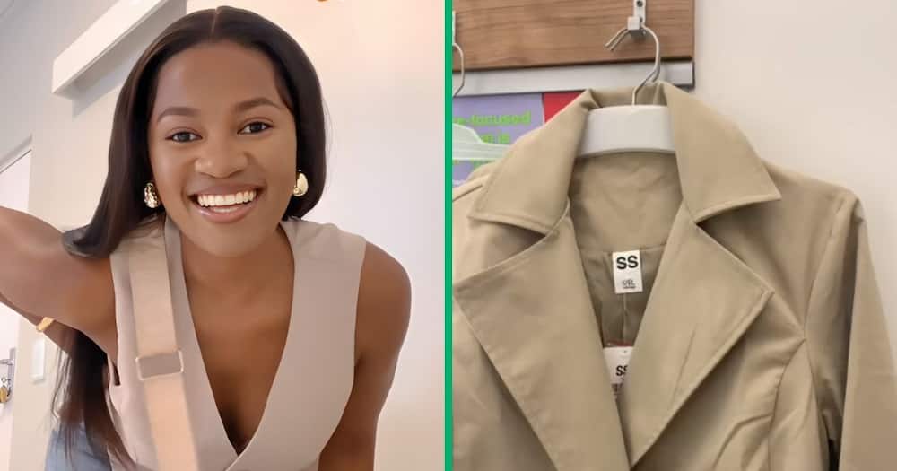 A woman showcased a stylish trench coat from Mr Price in a TikTok video