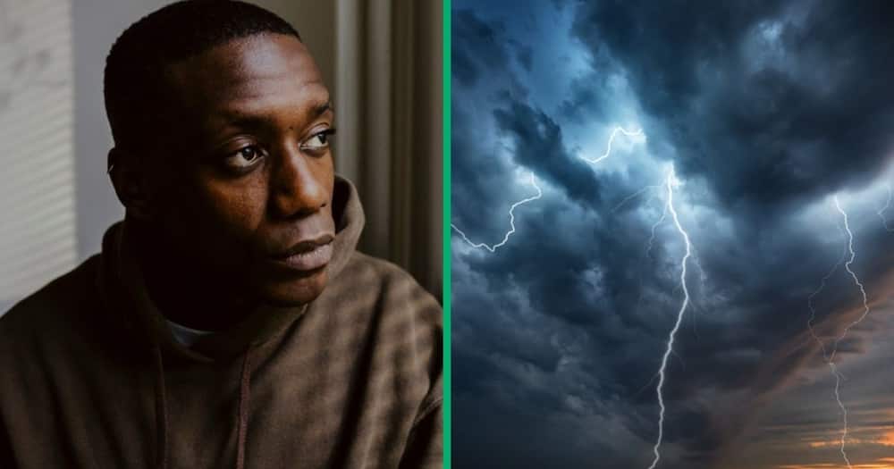 Stock images a gloomy man and predicted rain and thunderstorms