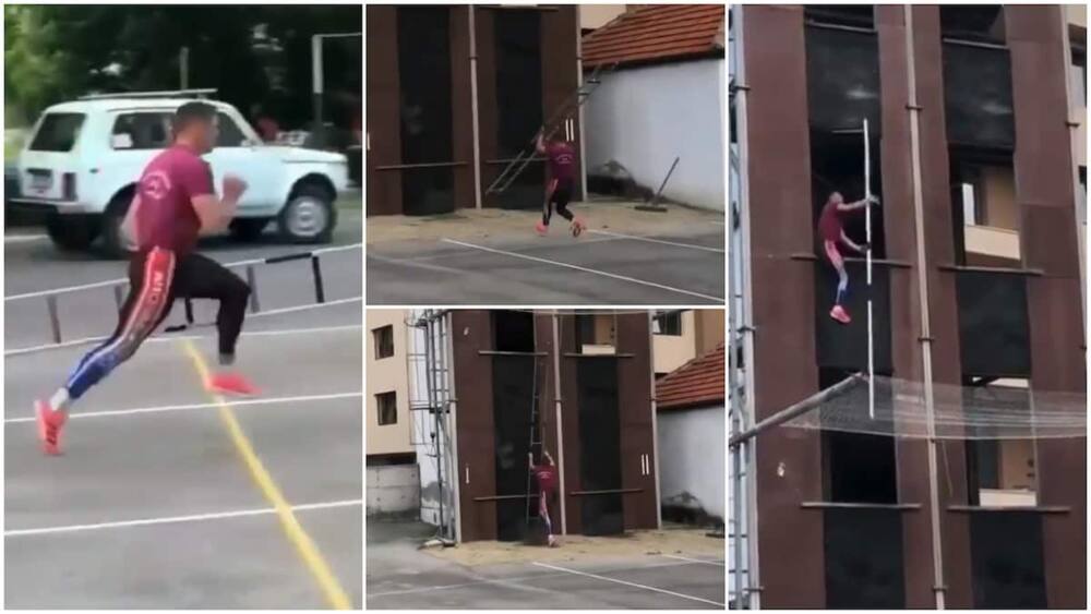 Man climbs 5-storey building with ladder