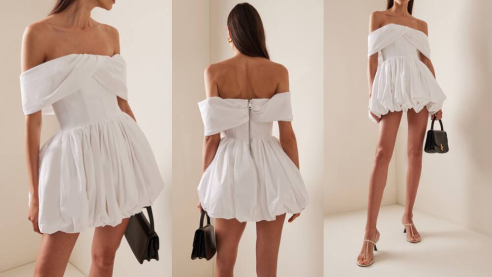 Off-shoulder cotton-poplin mini with a flouncy bubble skirt and off-shoulder drapes