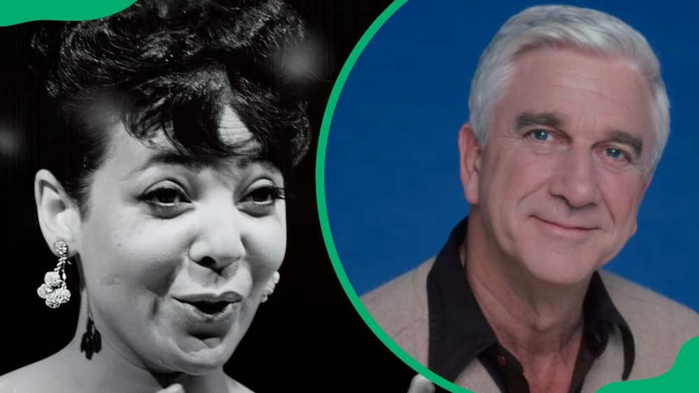 Monica Boyar performing at an event (L). Leslie Nielsen promotional photo for the 1982 ABC-TV series Police Squad (R)