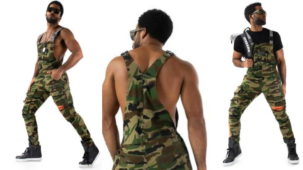 Cargo camo overalls featuring striped shoulder straps with side buckles