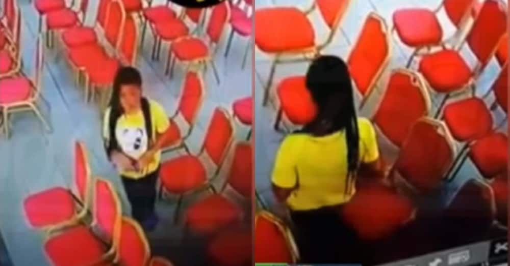 Beautiful lady with nicely braided hair steals phone in church; captured on CCTV