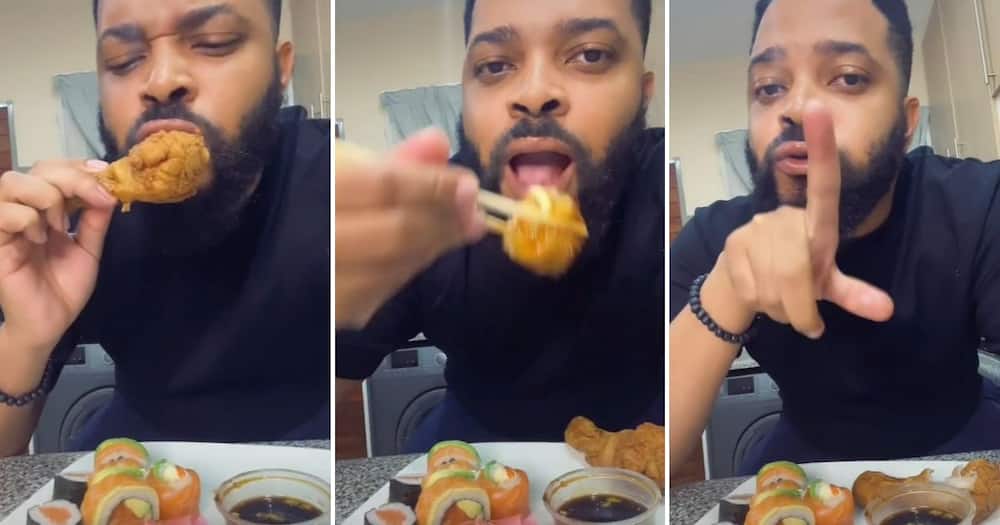 Social media influencer eats sushi with KFC.