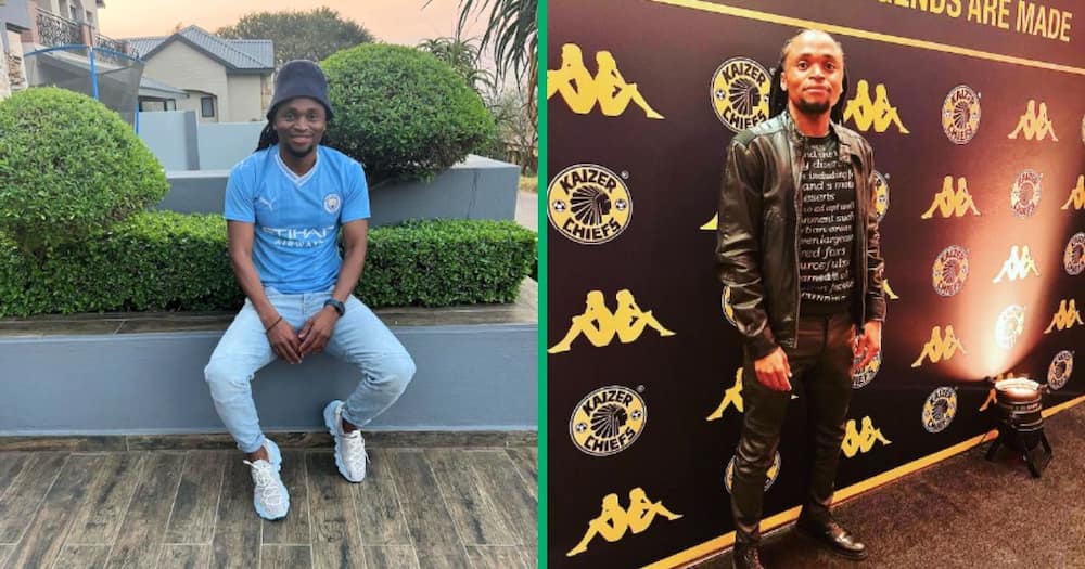Siphiwe Tshabalala in a Man City jersey and at a Kaizer Chiefs event