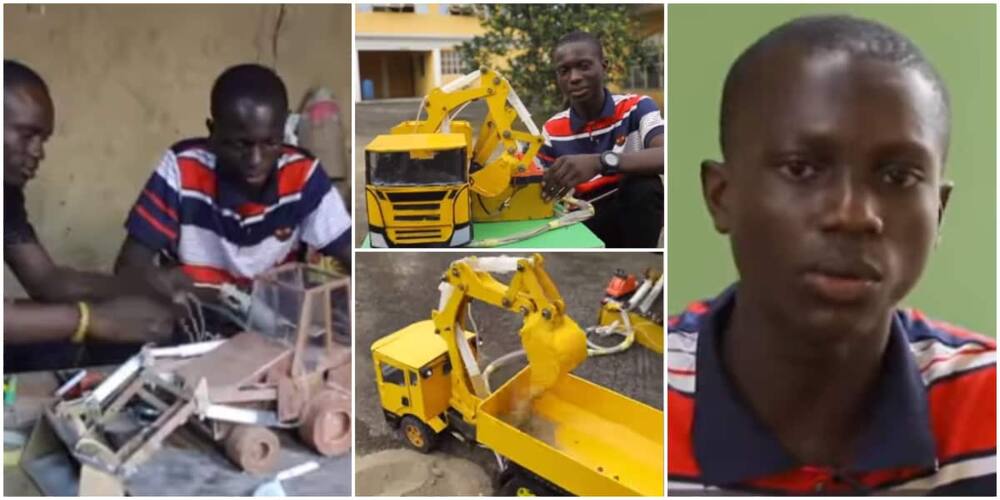 Nigerians react to video of talented boy who built excavator prototype using wood and aluminium