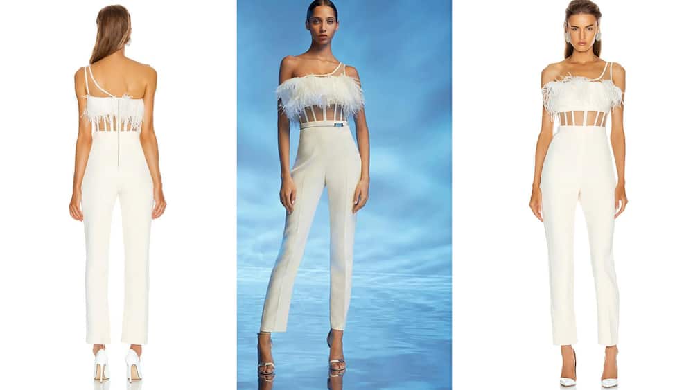 One-shoulder bandage jumpsuit with feather and mesh detail