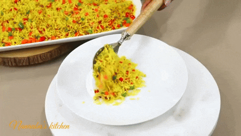Preparing spicy rice with mixed vegetables