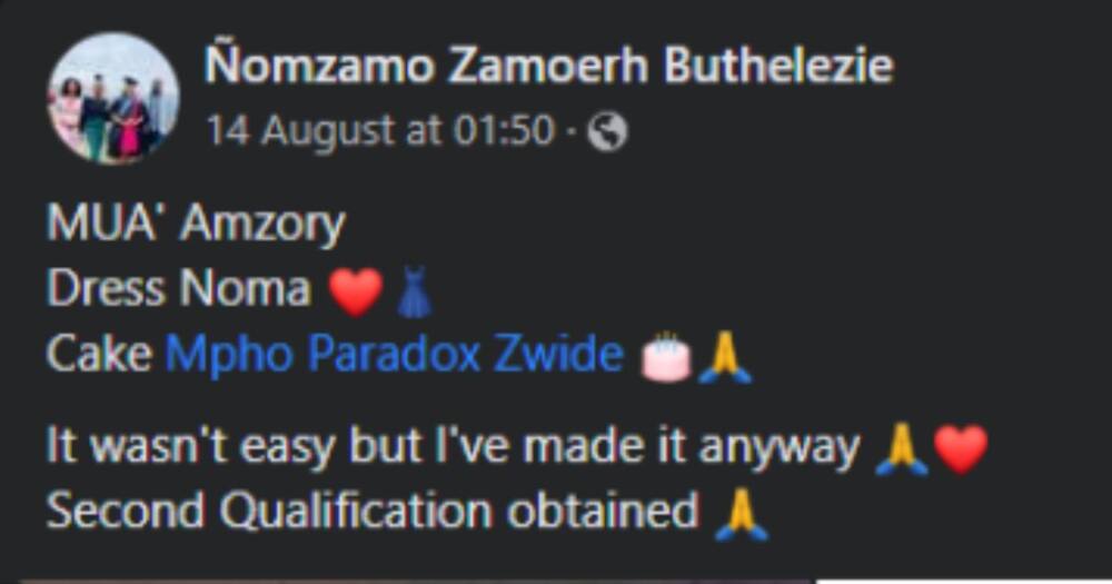 Nomzama Buthelezie graduated again.