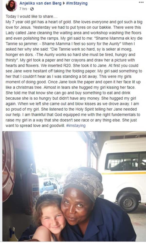 Girl with a heart of gold blesses cleaning lady with ideal gift
